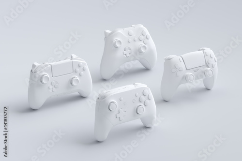Set of standing gamer joysticks or gamepads on white background