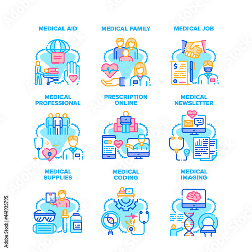 Medical Aid Job Set Icons Vector Illustrations. Medical Aid Job And Professional Family, Newsletter And Online Prescription, Medicine Supplies, Coding And Imaging Color Illustrations