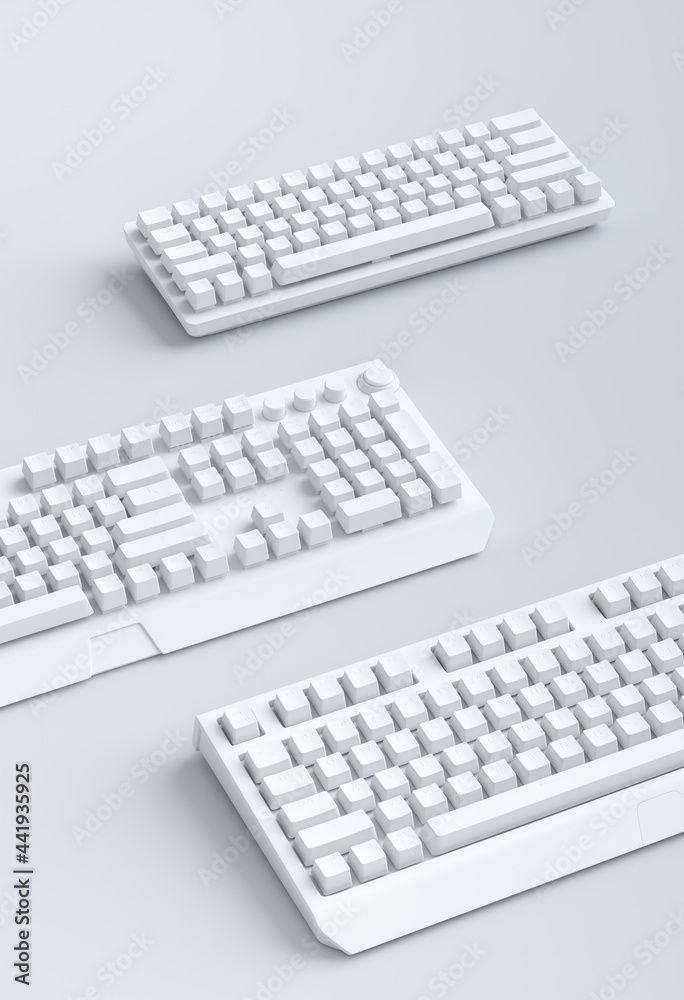 Top view of gamer workspace and gear like keyboards on white background