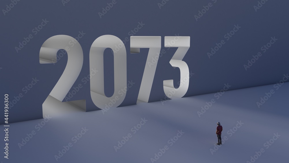 3D illustration of number 2073 with a man walking towards it 3D illustration of number 2073 with a man walking towards it