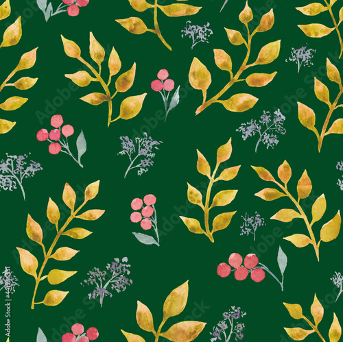 Hand drawn watercolor seamless pattern with autumn leaves, twigs and berries