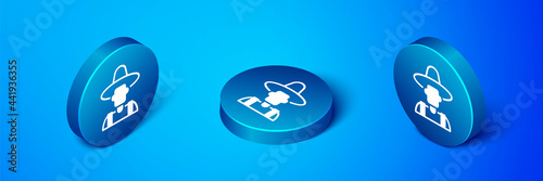 Isometric Farmer in the hat icon isolated on blue background. Blue circle button. Vector