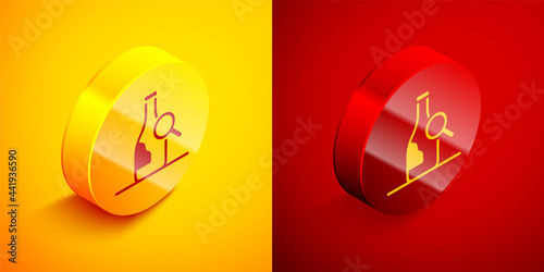 Isometric Bottle of wine icon isolated on orange and red background. Details about wine. Circle button. Vector