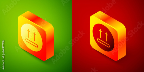 Isometric Washing under 90 degrees celsius icon isolated on green and red background. Temperature wash. Square button. Vector