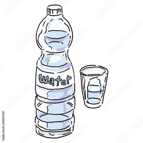 お水の入ったペットボトルとコップのイラスト