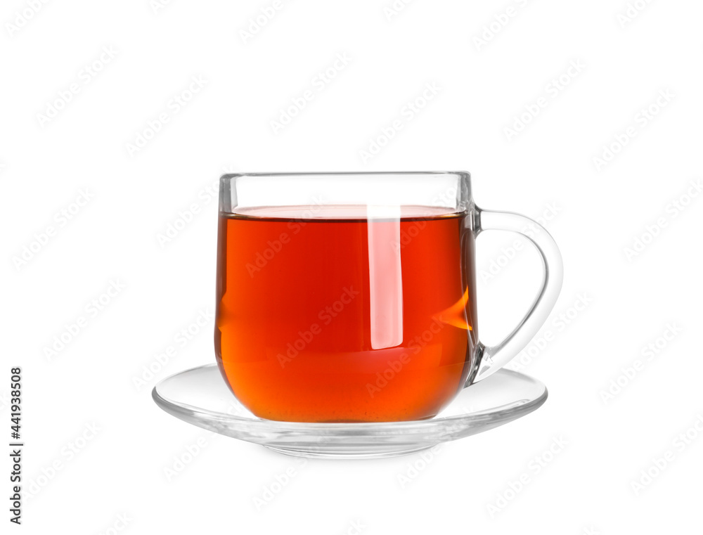 Glass cup of freshly brewed tea isolated on white Glass cup of freshly brewed tea isolated on white