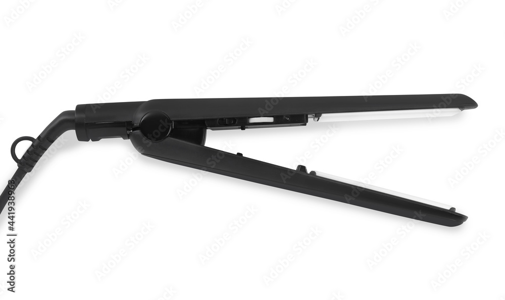 Modern hair iron for straightening isolated on white, top view Modern hair iron for straightening isolated on white, top view