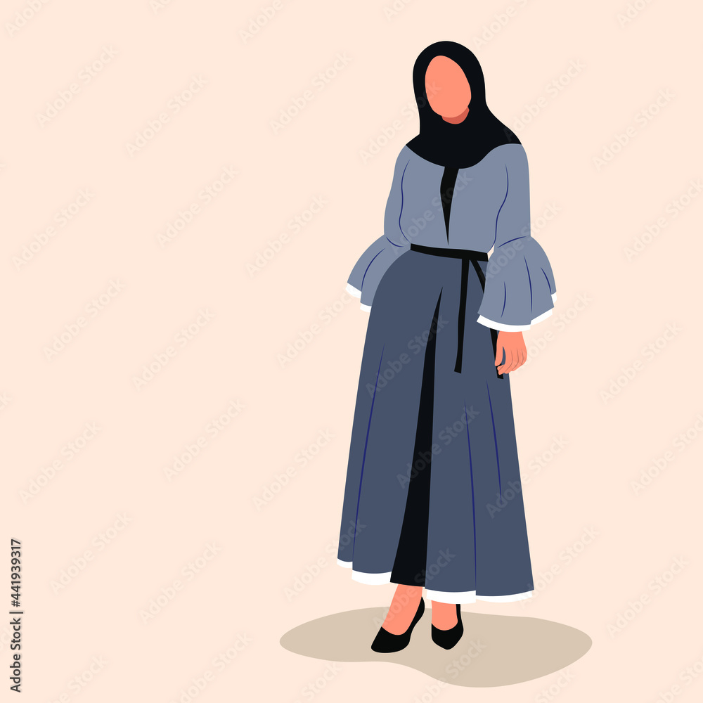 Arabic young woman in hijab, Muslim girl in fashion traditional black dress abaya from UAE or Saudi Arabia posing, facaless islamic model vector illustration