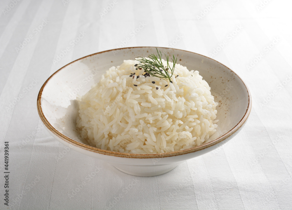 Fragrant Chinese Rice steamed fragrant white jasmine rice in Japanese ceramic bowl asian ...