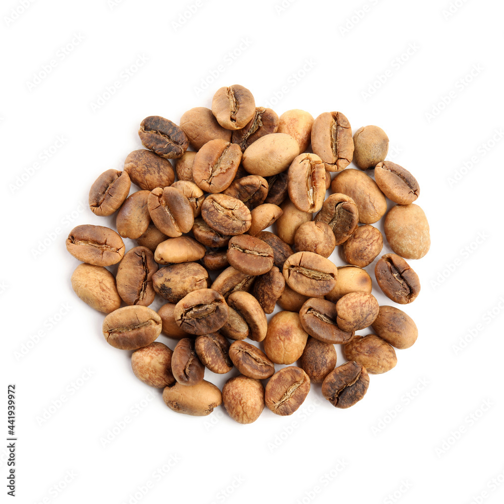 Heap of roasted coffee beans isolated on white, top view Heap of roasted coffee beans isolated on white, top view