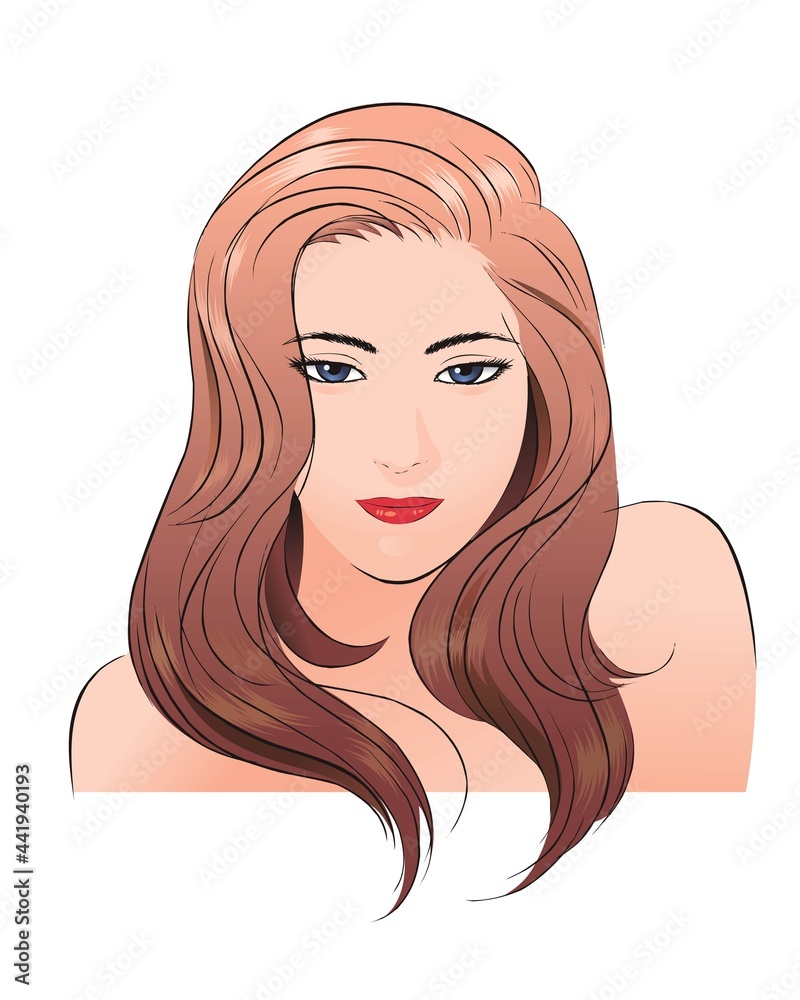 girl face long hair portrait isolated on white background. hand drawn vector illustration