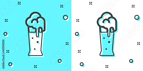 Black line Glass of beer icon isolated on green and white background. Random dynamic shapes. Vector