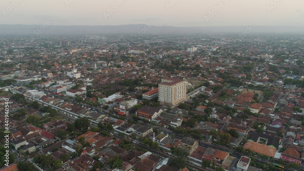 cityscape Yogyakarta with buildings, highway at sunset time. aerial view cultural capital Indonesia yogyakarta located on java island, Indonesia