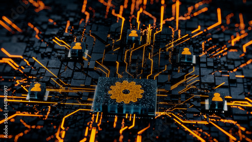 Configure Technology Concept with cog symbol on a Microchip. Orange Neon Data flows between Users and the CPU across a Futuristic Motherboard. 3D render. photo