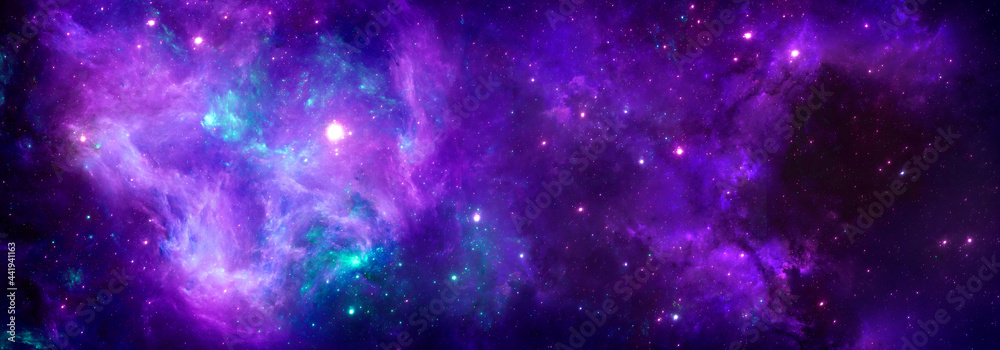 A cosmic background with a colorful purple nebula and shining stars