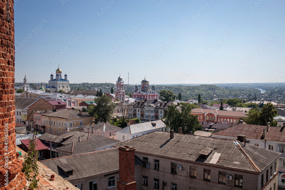 Yelets, Lipetsk region, Russia, View from the bell tower to the central part of the old merchant town, house and church