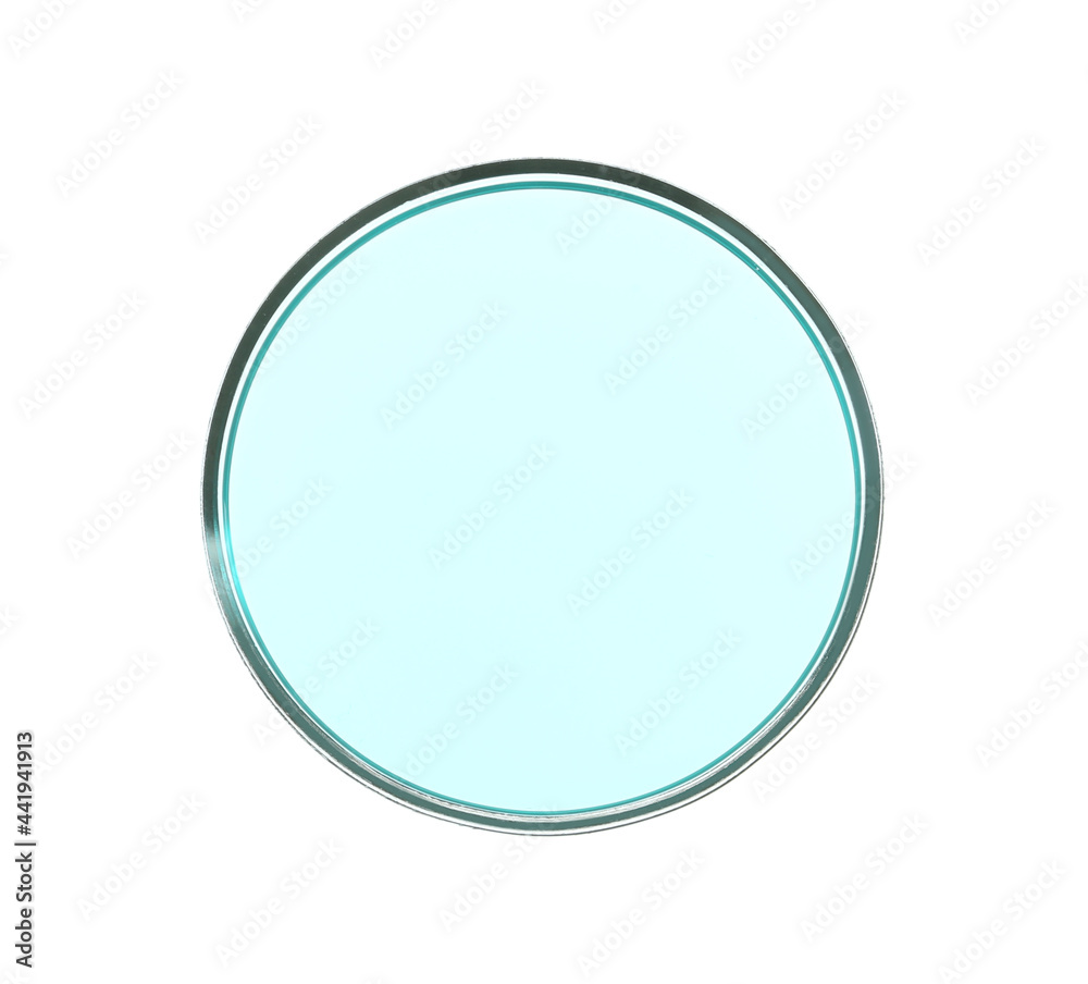 Petri dish with turquoise liquid isolated on white, top view