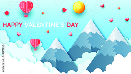 14 February Happy Valentine's Day Greeting Hearts Balloons Clouds Sun Mountains Background. Romantic Love Vector Design Banner Party Invitation Template