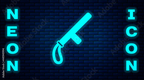 Glowing neon Police rubber baton icon isolated on brick wall background. Rubber truncheon. Police Bat. Police equipment. Vector