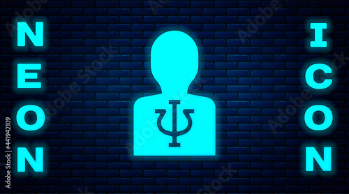 Glowing neon Psychology icon isolated on brick wall background. Psi symbol. Mental health concept, psychoanalysis analysis and psychotherapy. Vector
