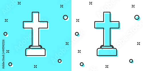 Black line Man graves funeral sorrow icon isolated on green and white background. The emotion of grief, sadness, sorrow, death. Random dynamic shapes. Vector