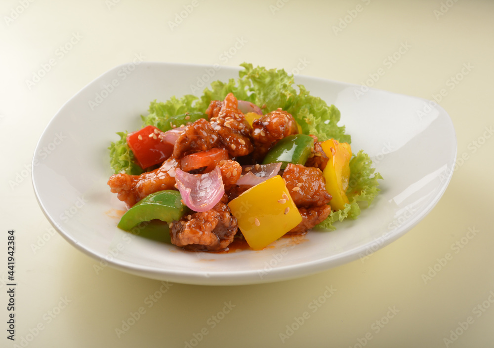 popular chef cook fried sweet and sour chicken with vegetables serve with steam white rice asian halal menu popular chef cook fried sweet and sour chicken with vegetables serve with steam white rice asian halal menu