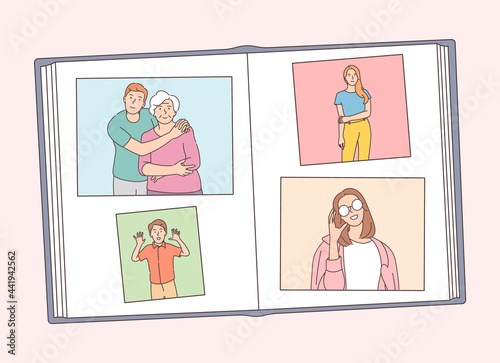 Family photography archive with family members. Photo album, attaching and arranging photographs and memory notes. Creation of book with pictures