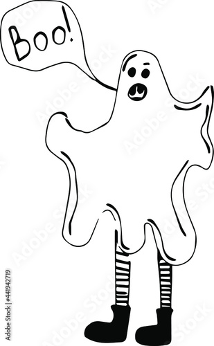 Halloween specter spook  vector isolated in striped stockings and boots with speech bubble boo!