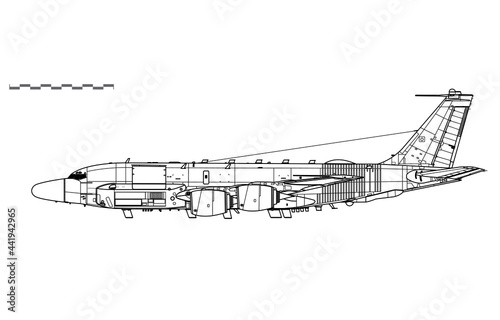 Boeing RC-135W Rivet Joint. Vector drawing of reconnaissance aircraft. Side view. Image for illustration and infographics.