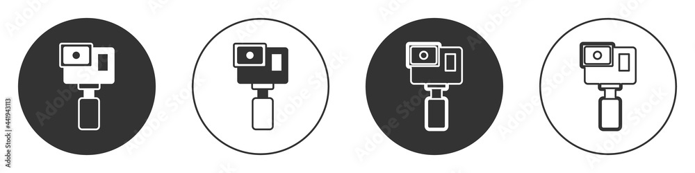 Black Action extreme camera icon isolated on white background. Video camera equipment for filming extreme sports. Circle button. Vector Black Action extreme camera icon isolated on white background. Video camera equipment for filming extreme sports. Circle button. Vector