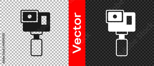 Black Action extreme camera icon isolated on transparent background. Video camera equipment for filming extreme sports. Vector