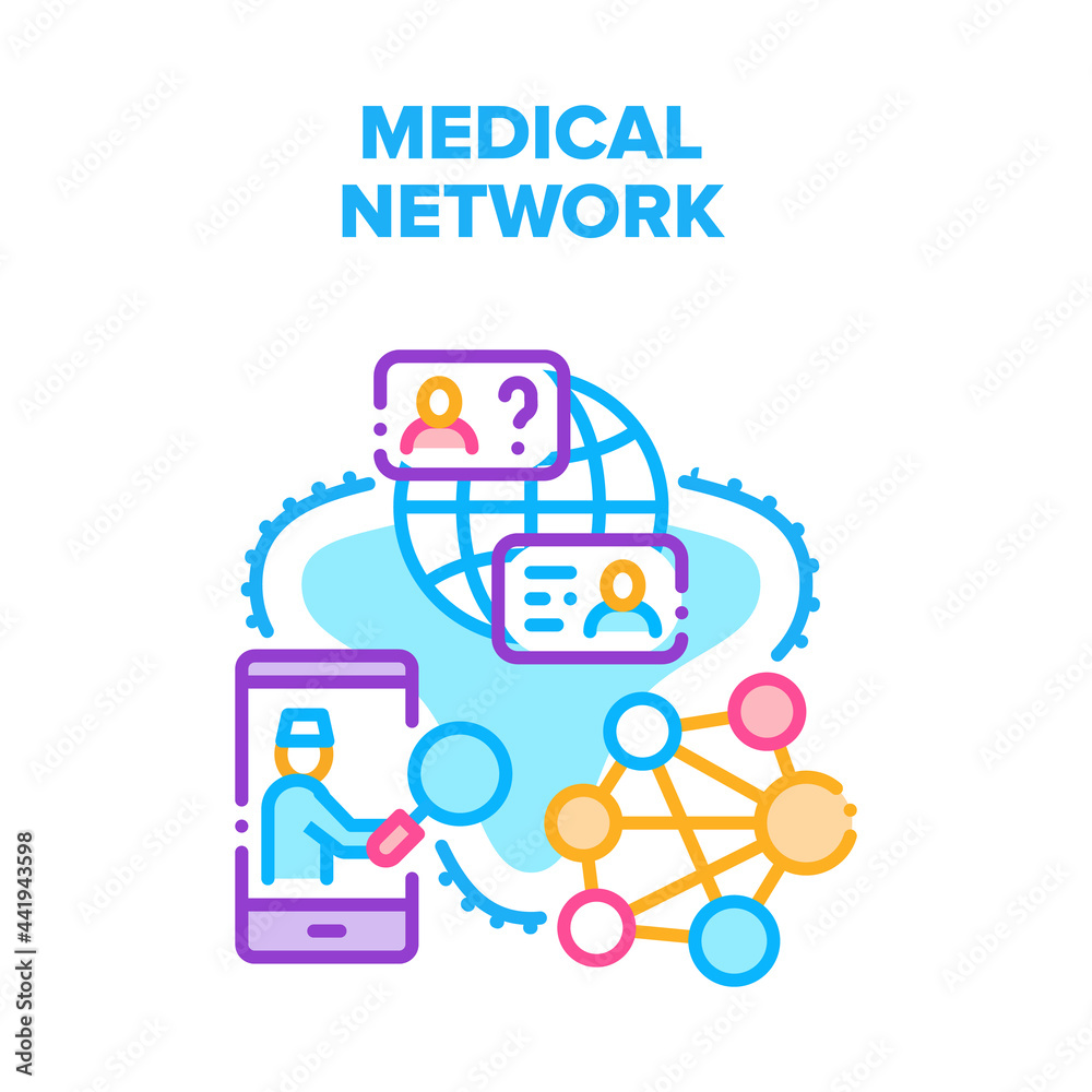 Medical Network Vector Icon Concept. Medical Network Connection With Doctor For Examining, Diagnosis And Consultation. Worldwide Remote Health Care And Treatment Color Illustration Medical Network Vector Icon Concept. Medical Network Connection With Doctor For Examining, Diagnosis And Consultation. Worldwide Remote Health Care And Treatment Color Illustration