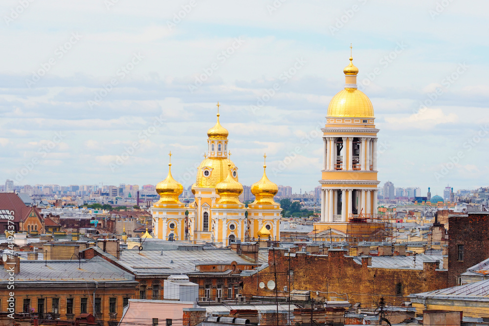 Russian Orthodox Church The St. Prince Vladimir Cathedral in Saint Petersburg, Russia. Beautiful top view of the historical center, roofs of Saint Petersburg