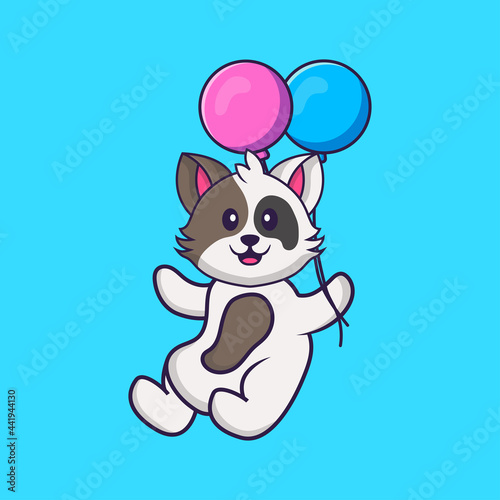 Cute cat flying with two balloons. Animal cartoon concept isolated. Can used for t-shirt, greeting card, invitation card or mascot. Flat Cartoon Style