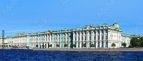 Winter Palace, Hermitage from Neva River in sunny summer day. Panoramic view of Saint Petersburg, Russia