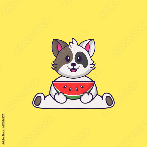 Cute cat eating watermelon. Animal cartoon concept isolated. Can used for t-shirt, greeting card, invitation card or mascot. Flat Cartoon Style