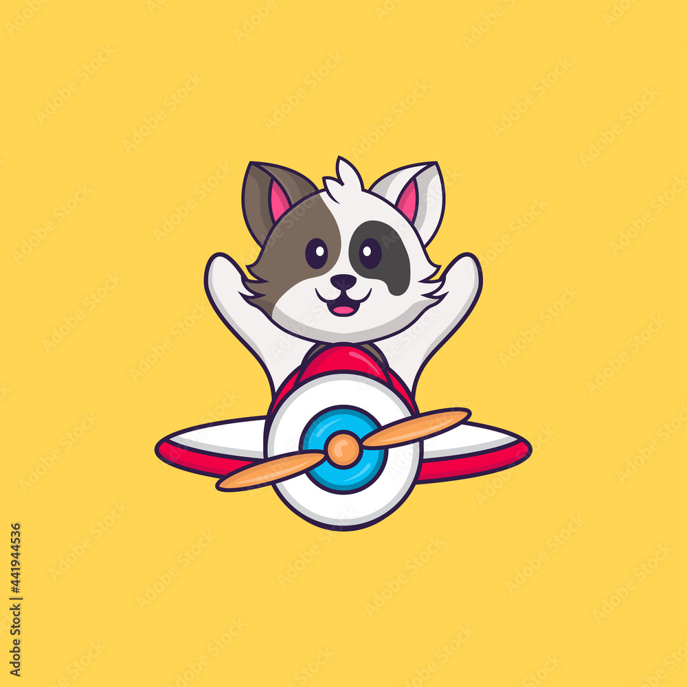 Cute cat flying on a plane. Animal cartoon concept isolated. Can used for t-shirt, greeting card, invitation card or mascot. Flat Cartoon Style