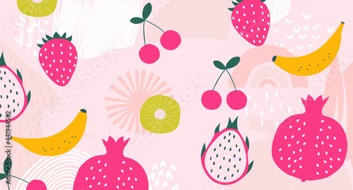 Exotic fruit poster. Summer tropical design with fruit  banana  strawberry  pomegranate  pitaya  cherry  kiwi colorful mix. Healthy diet  vegan food background vector illustration