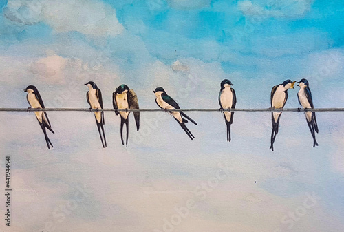 A watercolour painting of a Swallows perching on an electricity wire ready to migrate