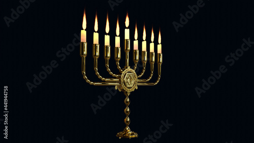 goldish ornamental hanukkah menora shining isolated, creative object 3D rendering