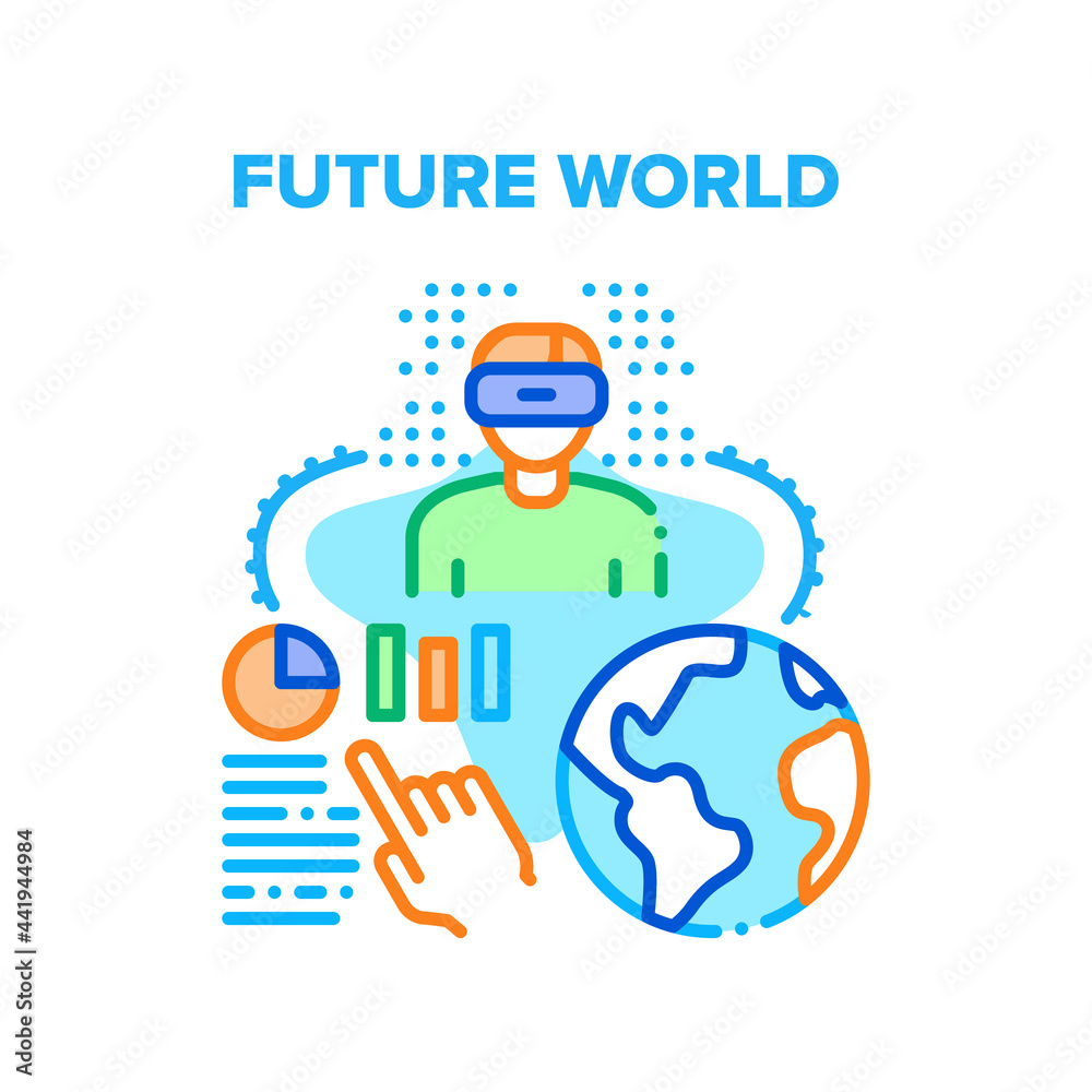 Future World Vector Icon Concept. User Watching Video Or Playing Games In Virtual Reality Vr Glasses, Future World Technology. Analyzing International Financial Market Color Illustration