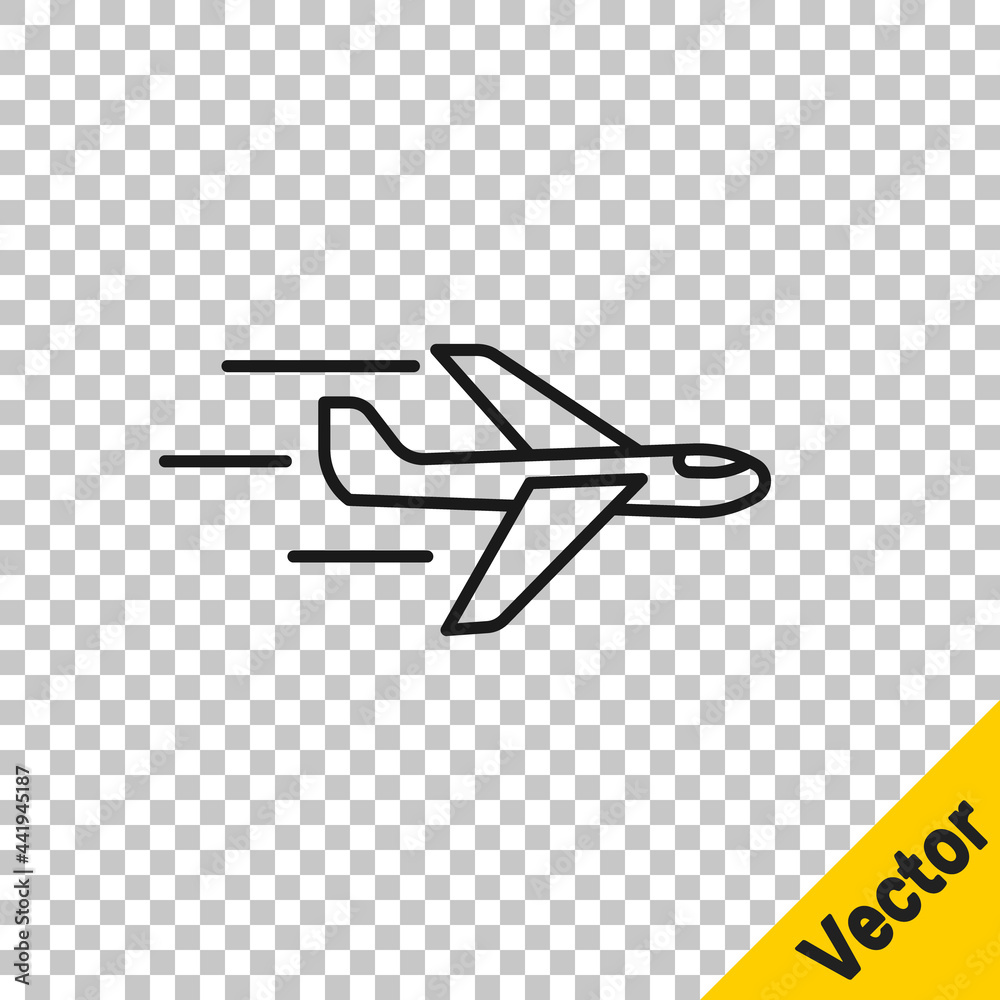 Obraz premium Black line Plane icon isolated on transparent background. Flying airplane icon. Airliner sign. Vector