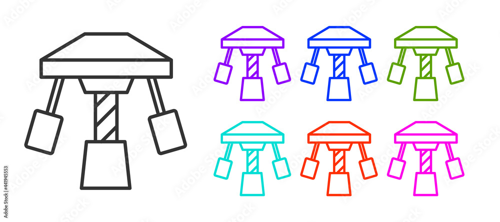Black line Attraction carousel icon isolated on white background. Amusement park. Childrens entertainment playground, recreation park. Set icons colorful. Vector Black line Attraction carousel icon isolated on white background. Amusement park. Childrens entertainment playground, recreation park. Set icons colorful. Vector
