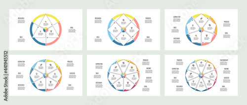 Business infographic template. Chart with 3, 4, 5, 6, 7, 8 steps, options, sections. Vector diagram.