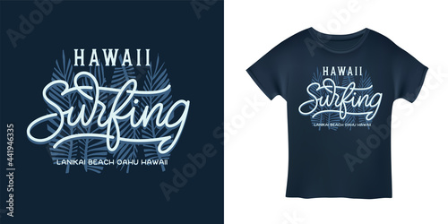 Hawaii surfing hand drawn palms lettering t-shirt design. Lanikai beach text typography. Surfing related apparel design. Vector vintage illustration.