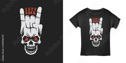 Lets rock music related poster with skull and hand gesture. Vector vintage illustration. photo