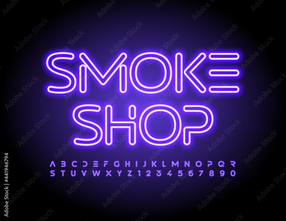 Vector Neon Banner Smoke Shop. Trendy style Font Font. Glowing set of Alphabet Letters and Numbers