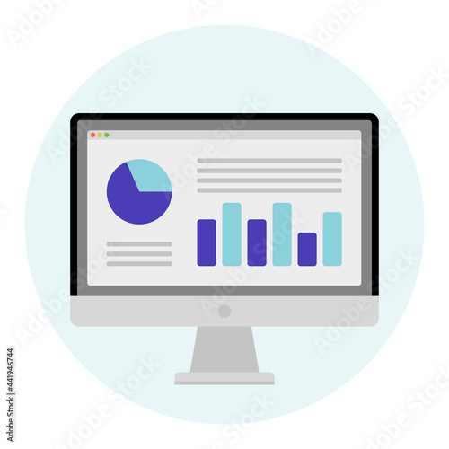 Desktop computer with statistics and data analytics layout. Data analysis, statistical or financial analytics. Vector illustration isolated.