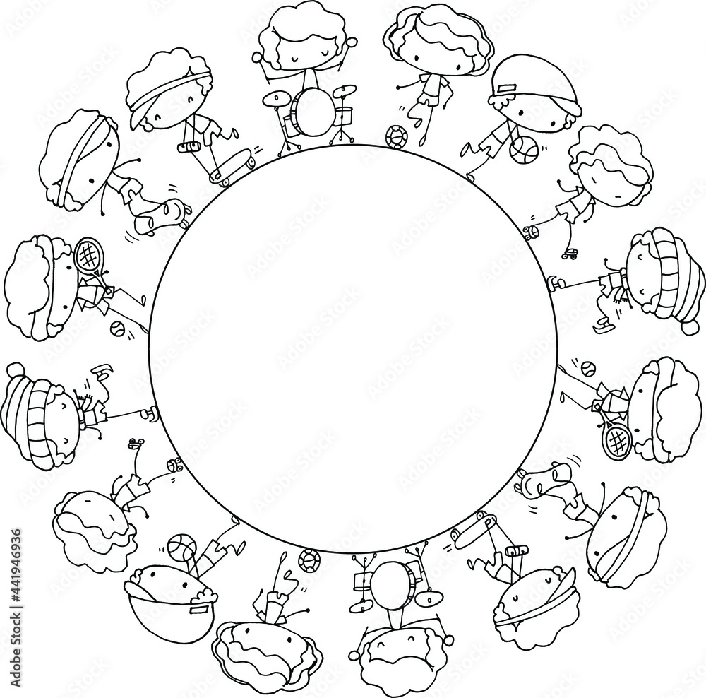 Vector illustration cartoon boy playing musical instruments, pulley, tennis, basketball, football, skating, scooter series border frame card background Vector illustration cartoon boy playing musical instruments, pulley, tennis, basketball, football, skating, scooter series border frame card background