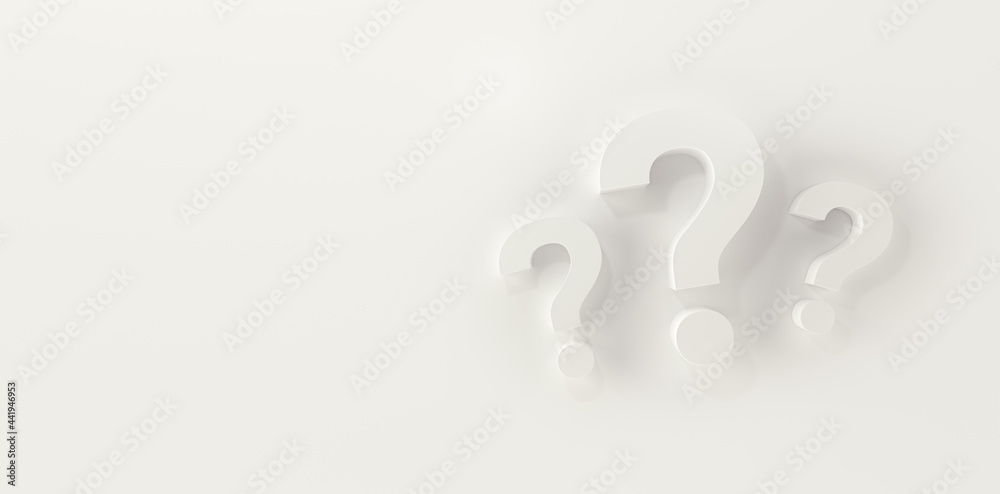 Three question marks in panoramic white studio background. - obrazy, fototapety, plakaty 